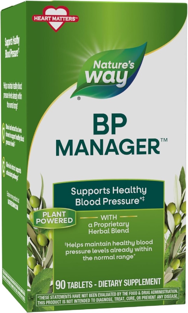 Gestor de la Vía BP de la Naturaleza, apoya la presión sanguínea saludable(1) " Heart Health*, con Stevia, Hawthorn, " Olive Leaf Extracts, 90 Tablets (Packaging May Vary)