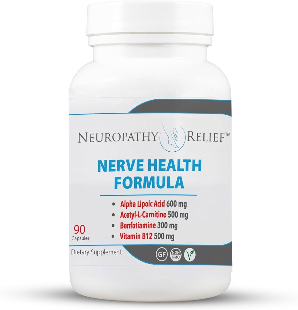Neuropatía AlivioTM Nerve Health Fórmula - Soporte avanzado con ácido lipoico alfa, acetil-L-Carnitina, benfotiamina y vitamina B12-90 cápsulas