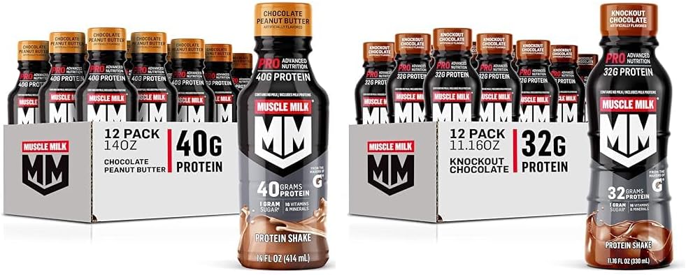 Muscle Milk Pro Series Chocolate Mantequilla de maní Protein Shake 40g Protein Pack de 12 &amp; Pro Advanced Nutrition Knockout Chocolate Protein Shake 32g Protein Pack of 12