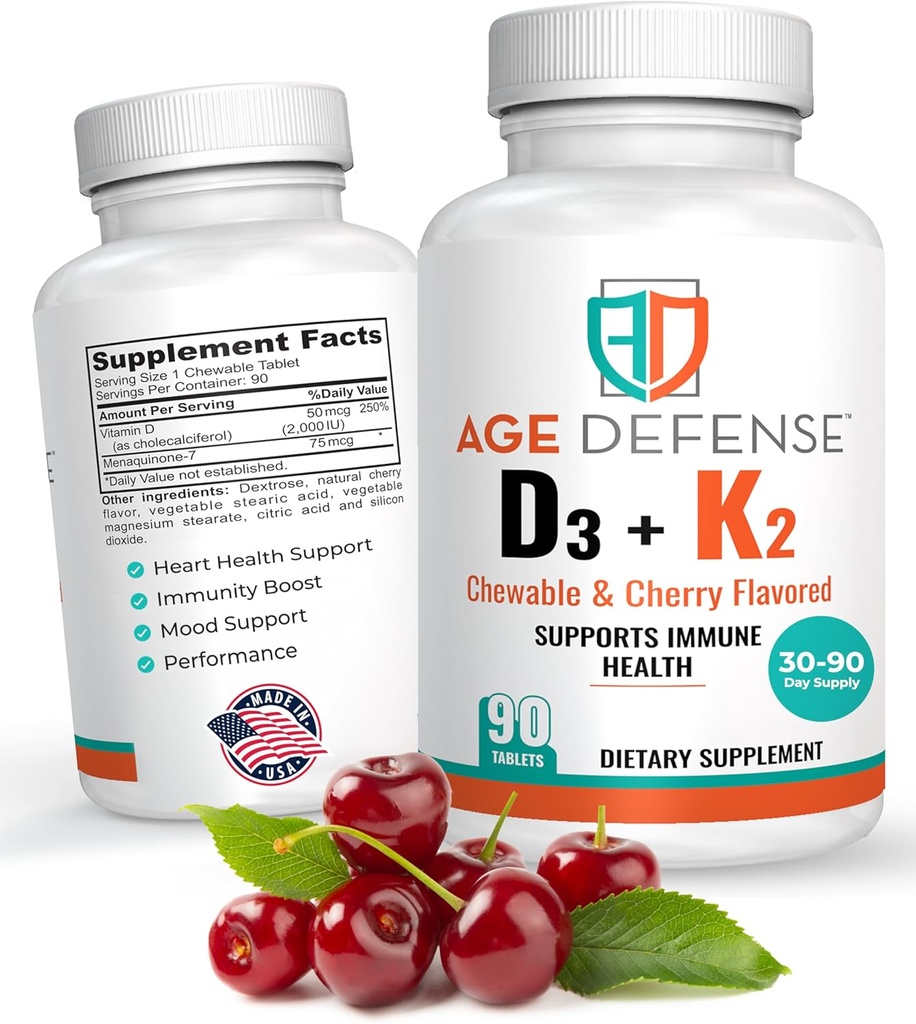 Vitamina D3 2000 UI con Tabletas Chewable K2-90 con Cherry Flavoring-Natural Energy Booster-Supports Vitality, Immune Health, " Global Wellness-Vitamin D3 con Vitamina K2 para Hombres y Mujeres