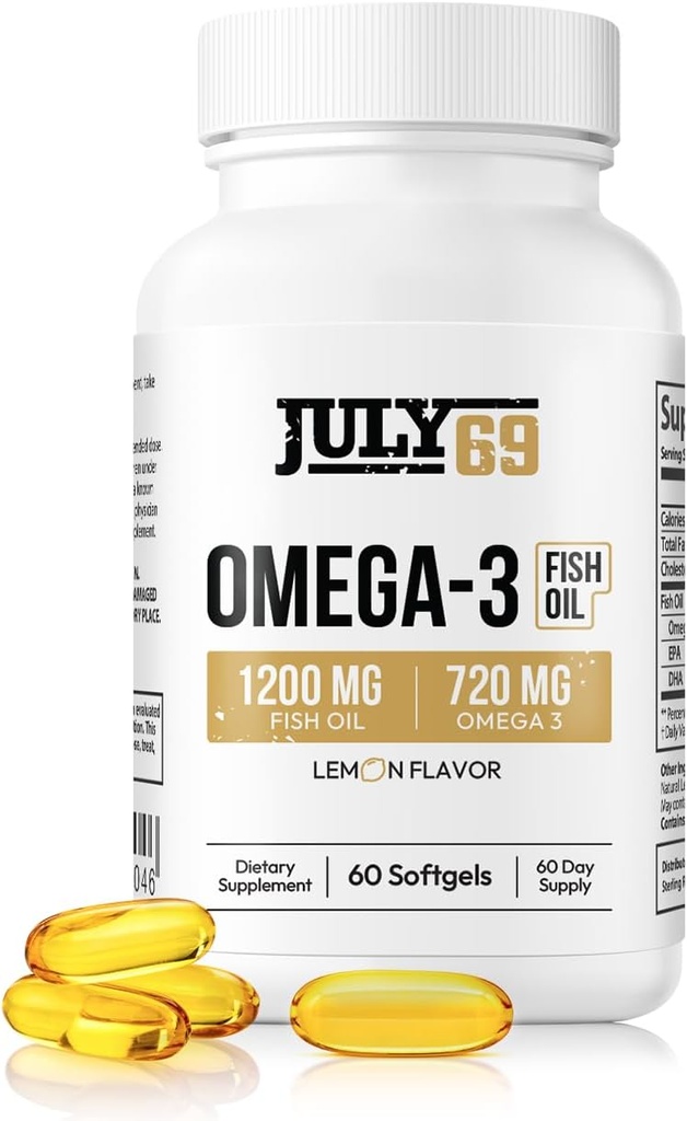 Omega 3 Fish Oil - 1200 MG Fish Oil, 720 MG Omega 3, Lemon Flavor, 60 Softgels, Natural EPA-DHA Softgels for Strength &amp; Health, High Potency, Support for Women &amp; Men