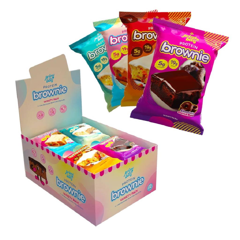 Prime Bites Protein Brownie de Alpha Prime Suplementos  High Protein, Collagen Fortified Low Sugar Treat ← Delicious Snack ← 12 Bares per Box (Variety Pack)