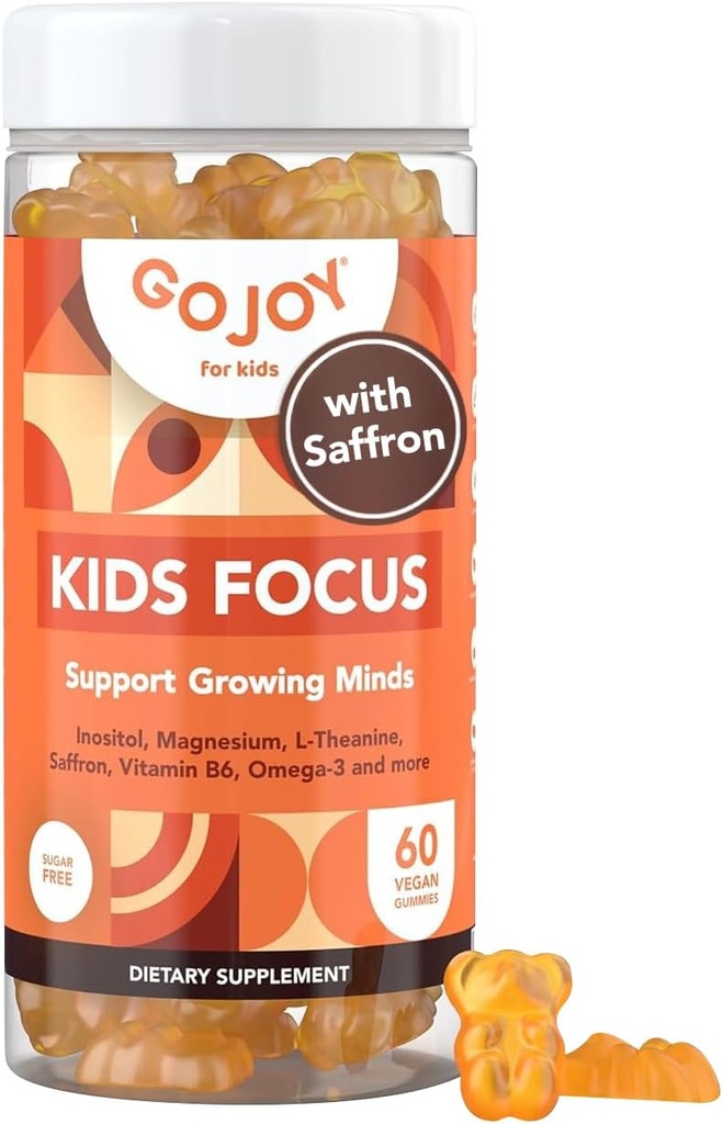 Kids Focus Gummies - 7-in-1 Focus &amp; Suplemento de atención para niños y adolescentes w/Saffron Extract, Magnesium Glycinate, L-Theanine, Inositol &amp; More - Vegan, Gluten &amp; Sugar-Free, Non-GMO