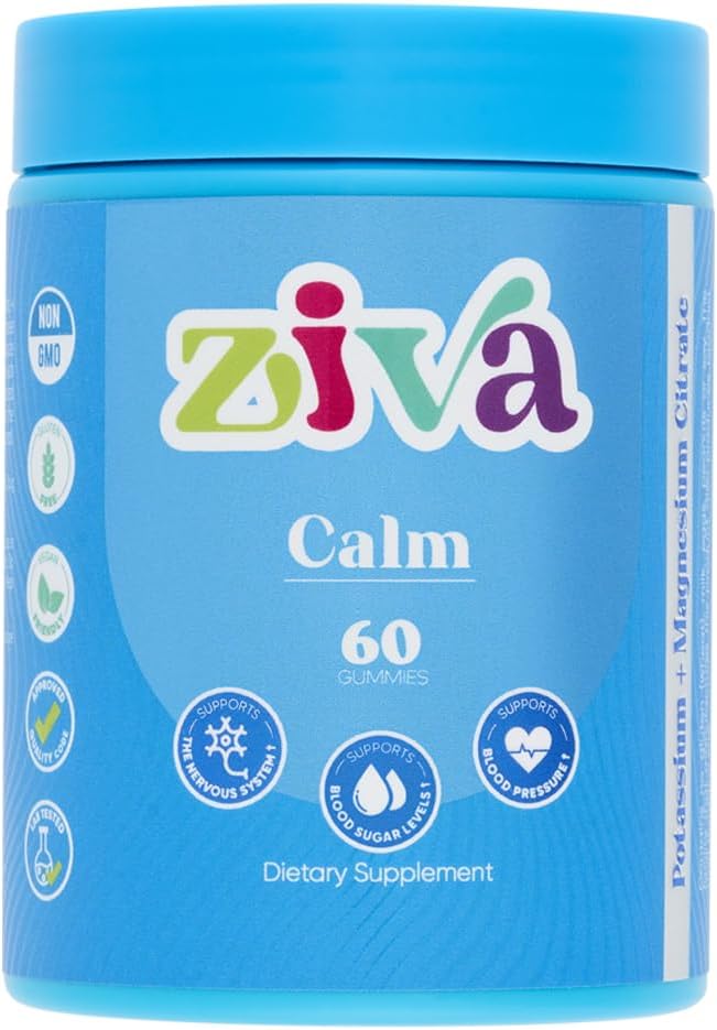 Ziva Calm Gummies – Citrate de Potasio &amp; Citrate de Magnesio Suplemento de Relajación, Alivio de Estrés &amp; Muscle Support – 60 Condes