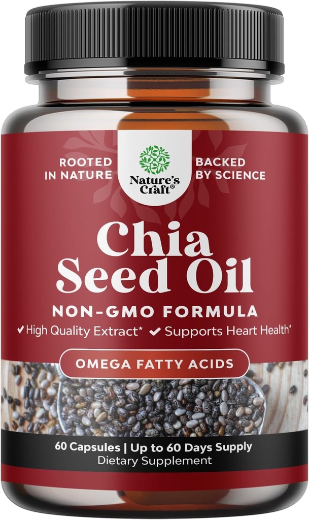 Chia Seed Oil Extract Capsules - Plant Based Omega 3 6 9 Suplemento y cápsulas de fibra diaria para adultos Apoyo digestivo e inmunitario y salud cardíaca - Omega 3 Fatty Acids Suplemento para hombres y mujeres