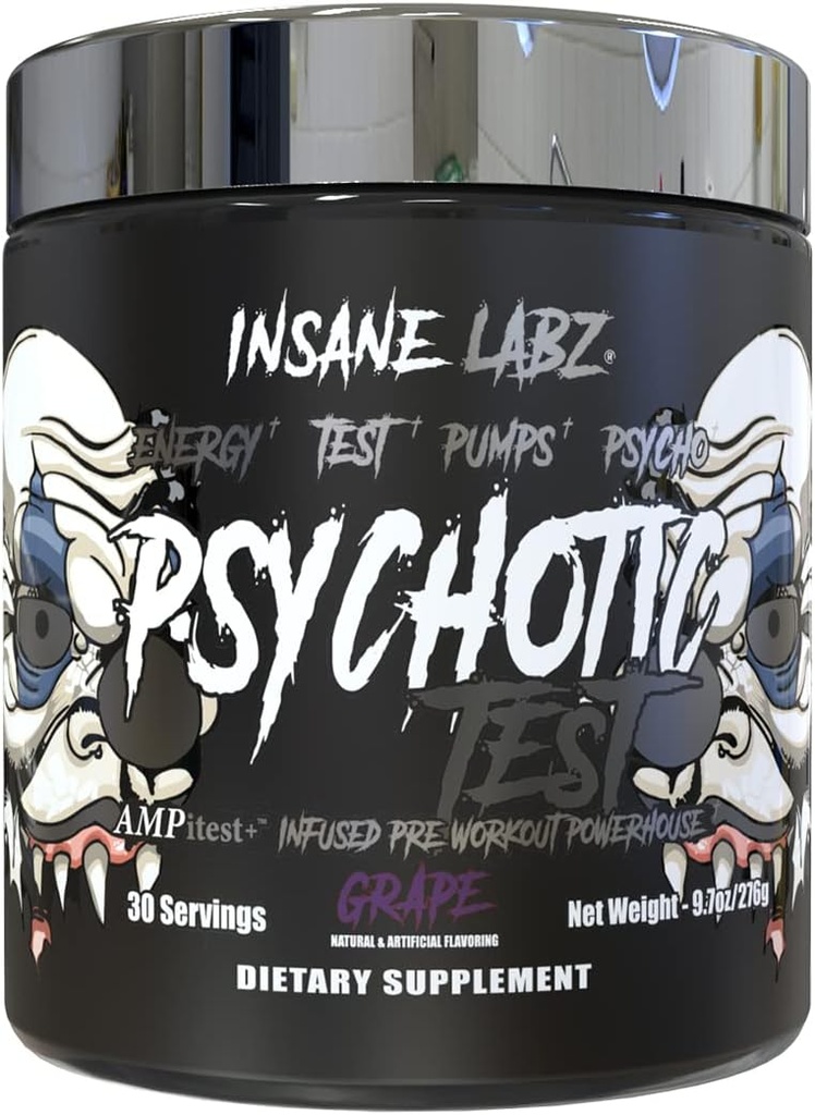 Prueba Psicótica Insane Labz, Energía de Testosterona de Alta Estim y Bomba Boosting Pre-Workout Powder con DMAE Bitartrate, D Aspartic Acid, Creatine HCL y Glycerol Monostearate, 30 Servings, Grape