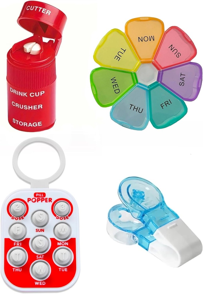 Ultimate Medication Accesorios Bundle – Pill Popper Tracker, 4-in-1 Pill Cutter " Grinder, Easy Pill Remover, y Extra-Large Weekly Pill Organizer – Perfecto para Seniors " Caregivers
