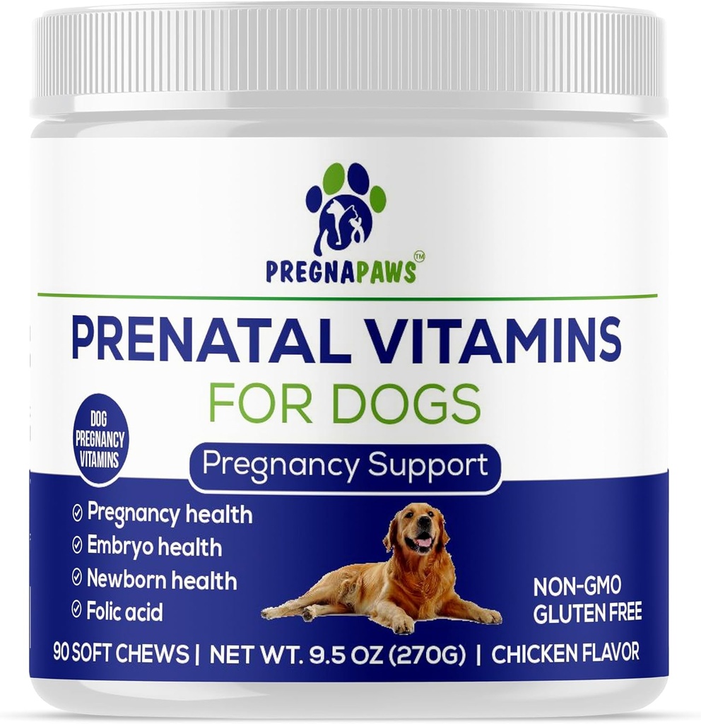 Dog Prenatal Vitamins - Supports Healthy Pregnancy, Puppy Development & Lactation - Rich in Folic Acid, Iron & Calcium - Advanced Prenatal Supplement for Pregnant and Nursing Dogs - 90 Soft Chews