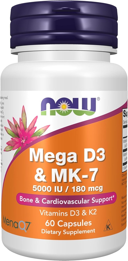 AHORA Suplementos de alimentos, Mega D-3 " MK-7 con vitaminas D-3 " K-2, 5.000 UI/180 mcg, bonificación " soporte cardiovascular*, 60 cápsulas de veg