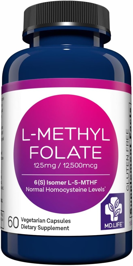 MD Life L-Methylfolate 12.5 mg Suplemento - Professional-Grade Active L Methylfolate Suplemento - 60 cápsulas - L-Methylfolate 12.5mg - Maximum Potency MTHFR W/Essential Amino Acids