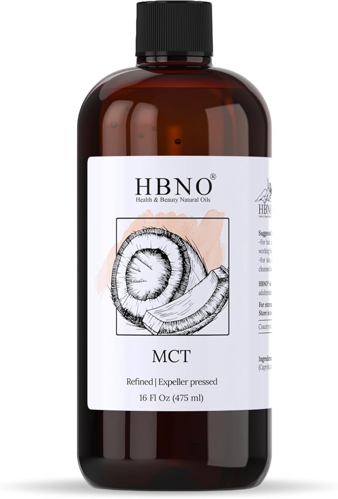 HBNO California Bottled Coconut Mct Oil 16 fl oz (475ml) Relación calidad/precio - Natural Mct Oil, Cold Pressed - Perfect Carrier for Massage, Aromatherapy - Ideal para cara, cuerpo, labios, " Hair