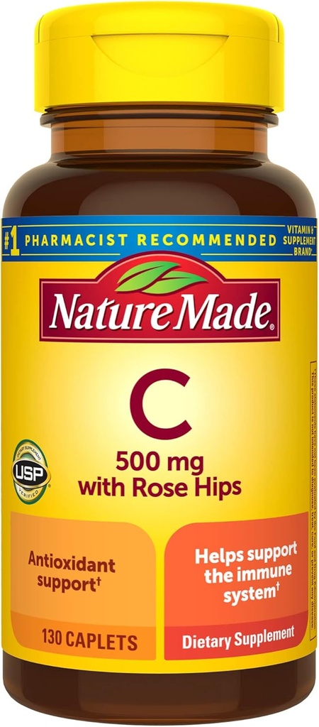 Nature Made Vitamina C 500 mg con Rose Hips, Suplemento dietético para Immune Support, 130 Caplets, 130 Day Supply