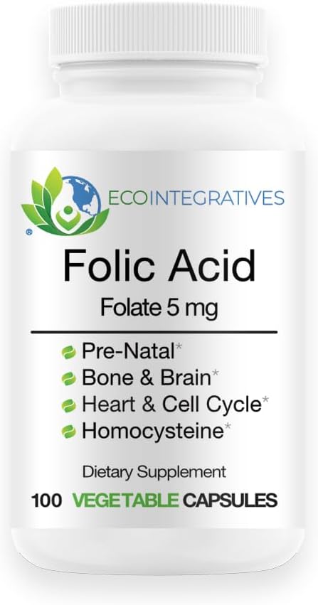 Folato de ácido fólico 5mg (B9) Salud prenatal, Reproductiva, Homocysteine, Metabolismo, Cardiovascular, Hueso, Apoyo Inmunitario, Libre de Alérgenos, No GMO - 100 cápsulas veganos