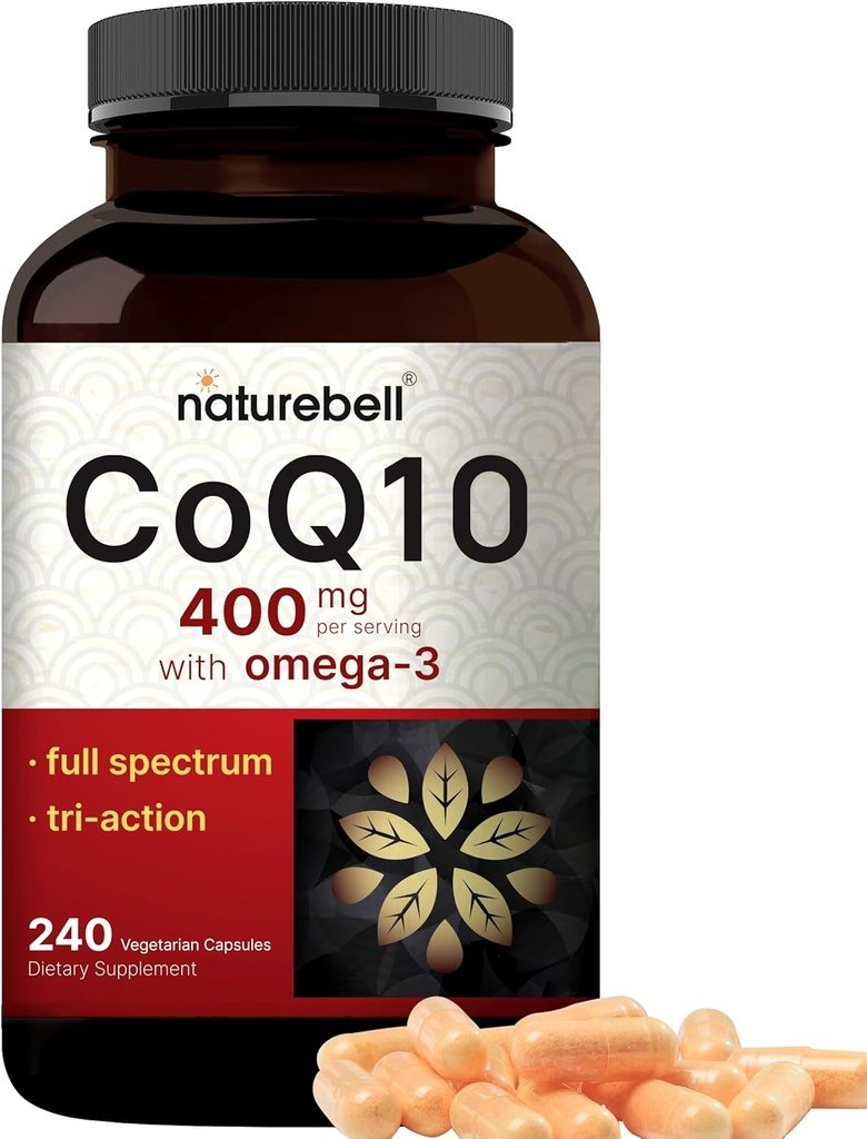CoQ10 400mg con ácidos grasos Omega 3, 240 cápsulas ← Stable High Absorption Form – Antioxidant Support for Heart & Energy Health* – Extra Strength Coenzyme Q10 Suplemento