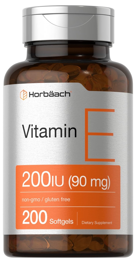 Horbäach Vitamin E Softgel Capsules 200 IU | 90 mg Supplement | 200 Count | Non-GMO and Gluten Free Formula