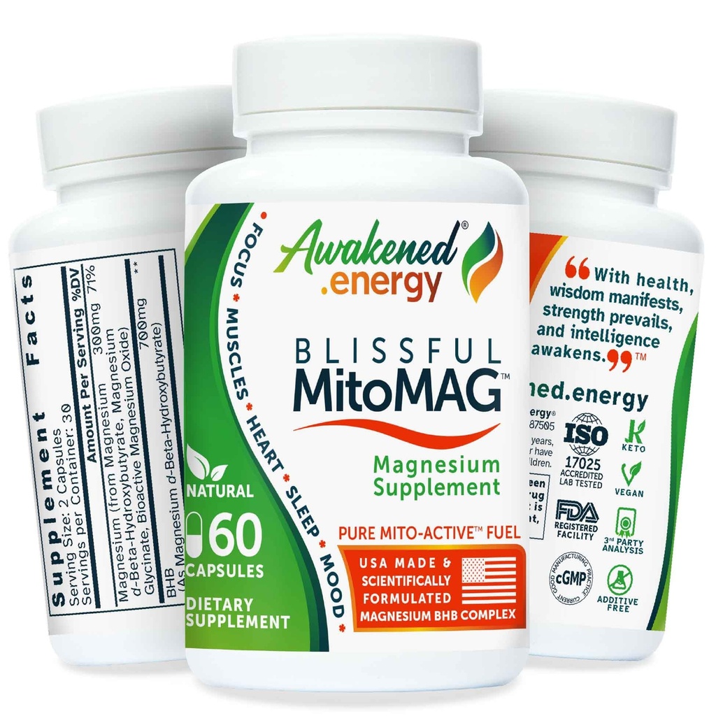 Blissful MitoMag – 300mg Elemental Magnesium Complex: Mg Glycinate, Mg BHB - Sleep Muscles Mood Energy Cognitive Focus Calm – All Natural, USA Made, No Additives – 60 Vegan Capsules Suplemento