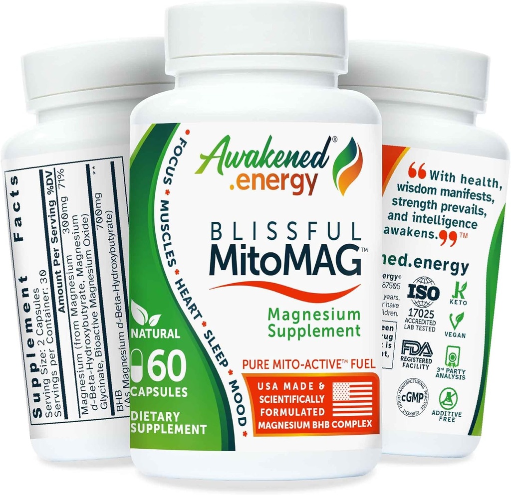 Blissful MitoMag – 300mg Elemental Magnesium Complex: Mg Glycinate, Mg BHB - Sleep Muscles Mood Energy Cognitive Focus Calm – All Natural, USA Made, No Additives – 60 Vegan Capsules Suplemento