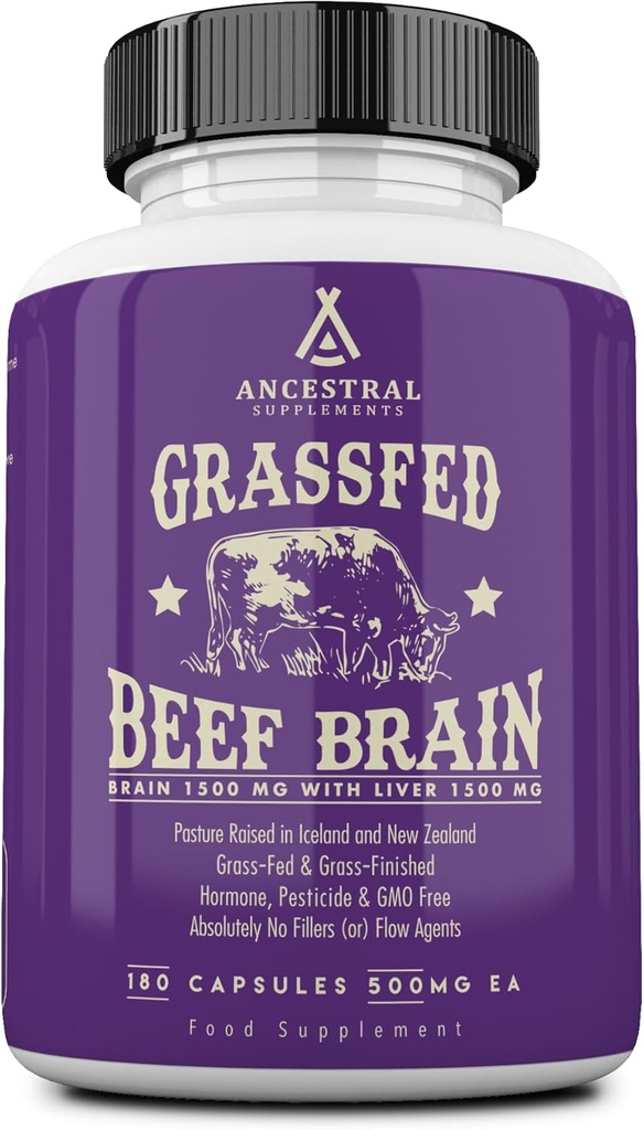Suplementos ancestrales Grass Fed Beef Brain Supplement with Beef Liver, Whole Food Brain Support promueve Brain, Mood y Memory Health, Brain and Liver Health Formula Capsules, Non-GMO, 180 Capsules