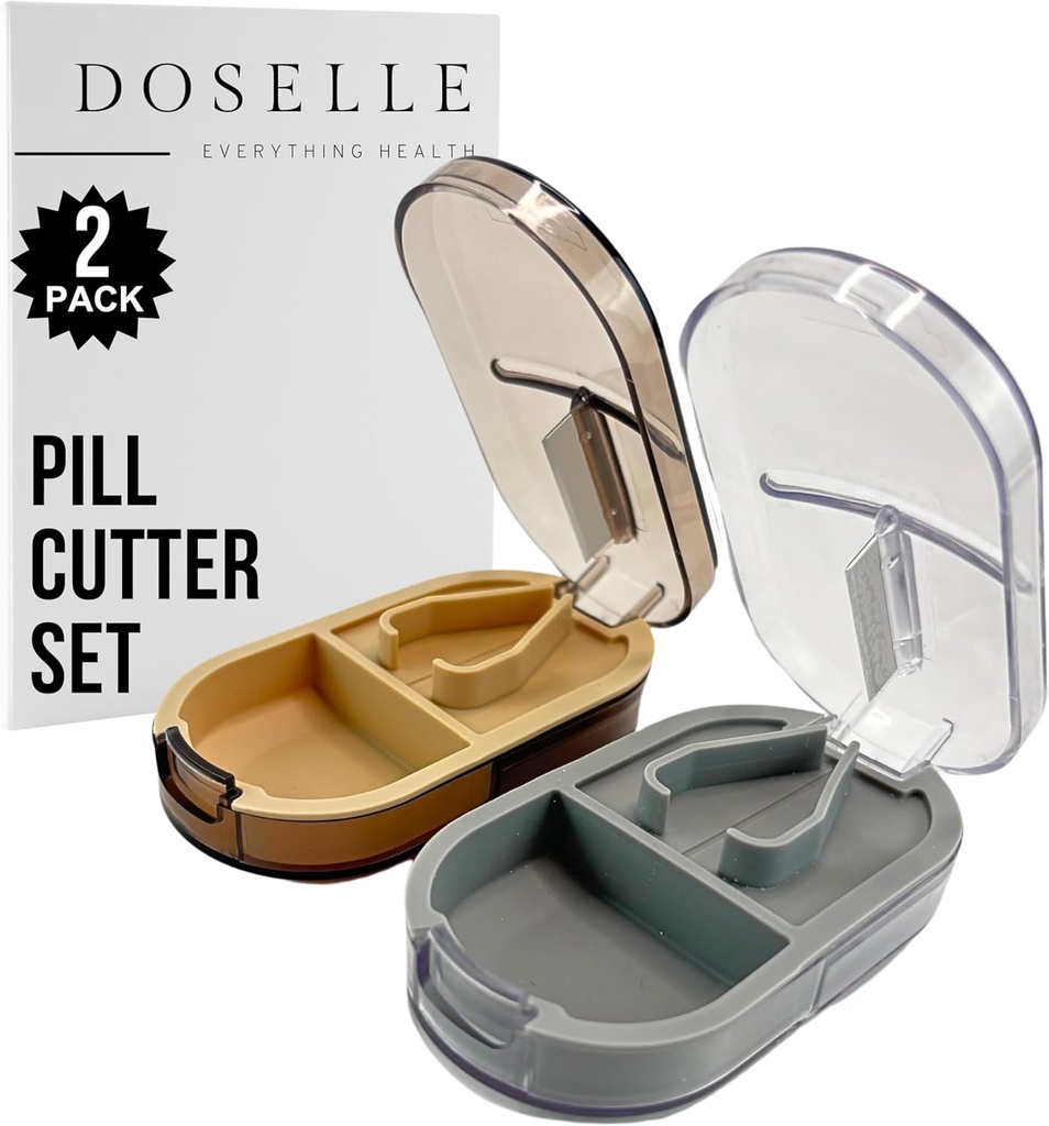 2PCS - Divisor de la pila con Mini caja de la pila – Cortadores de la pila para pequeños o grandes píldoras profesionales – 4 separador de la píldora 1/4 - Divisor de la píldora con dispositivo de centro – Gris &amp; Brown