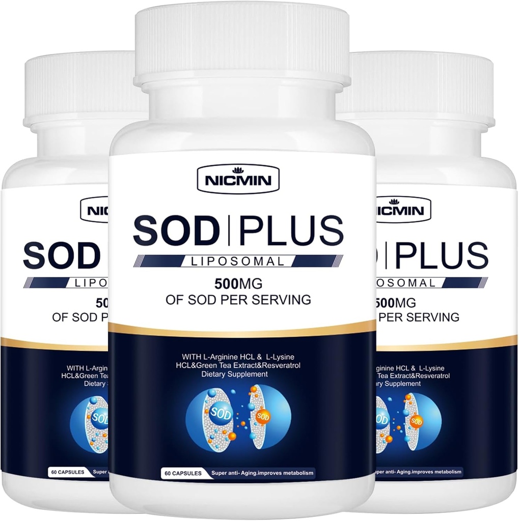Superoxide Dismutase Suplemento 500mg - SOD Plus con Liposomal Glutathione, AKG, Green Tea Extract, L-Arginine, Lysine, Resveratrol y Vitamina E para Immune Support, Antioxidant 180 Capsules