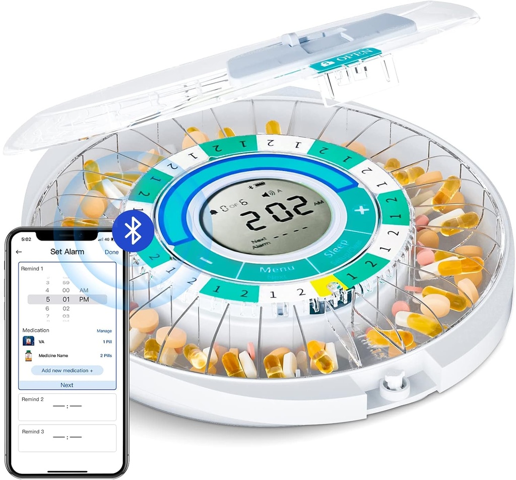 Zoksi Actualizar la máquina de dispensador automático de píldoras Bluetooth para el anciano con alarma, caja de píldoras de medicamentos inteligentes 28 días para el uso doméstico, organizador de medicina eletronica mensual, recordatorio programado
