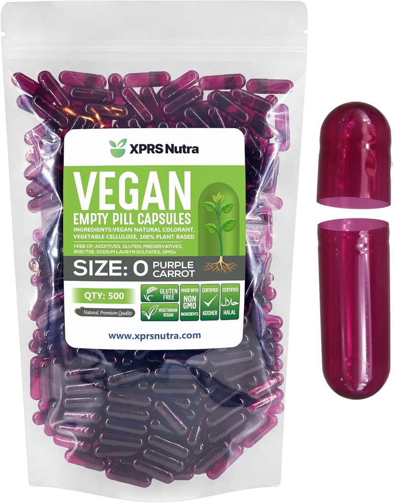 XPRS Nutra Size 0 Empty Capsules - 500 Count Empty Vegan Capsules - Vegetarian Pills - DIY Vegetable Capsule Filling - Veggie Pill Caps for Do-It-youself Supplements (Purple Carrot)