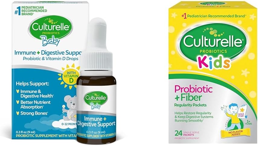 Culturelle Baby Immune &amp; Digestive Support Probiotic + Vitamin D Drops, 30 Day Supply Kids Probiotic + Fiber Packets, 24 Count