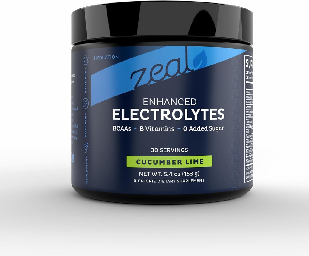 Zeal Electrolyte Powder Recovery Drink (30 Servings ←Cucumber Lime) w 0 Sugar +BCAAs +B-Vitamins Electrolyte Suplemento w Potassium Zinc &amp; Magnesium
