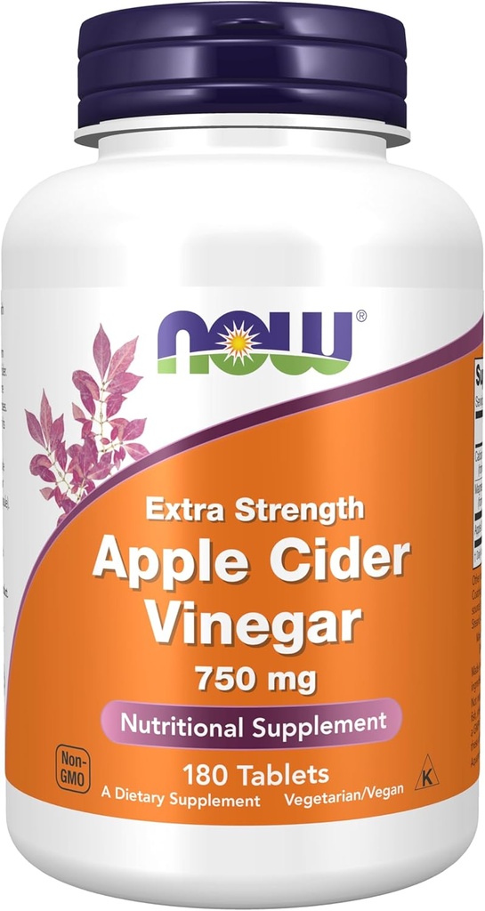 AHORA Suplementos de alimentos, vinagre de manzana 750 mg, de fermentación de la sidra dulce de manzana, fuerza extra, 180 tabletas
