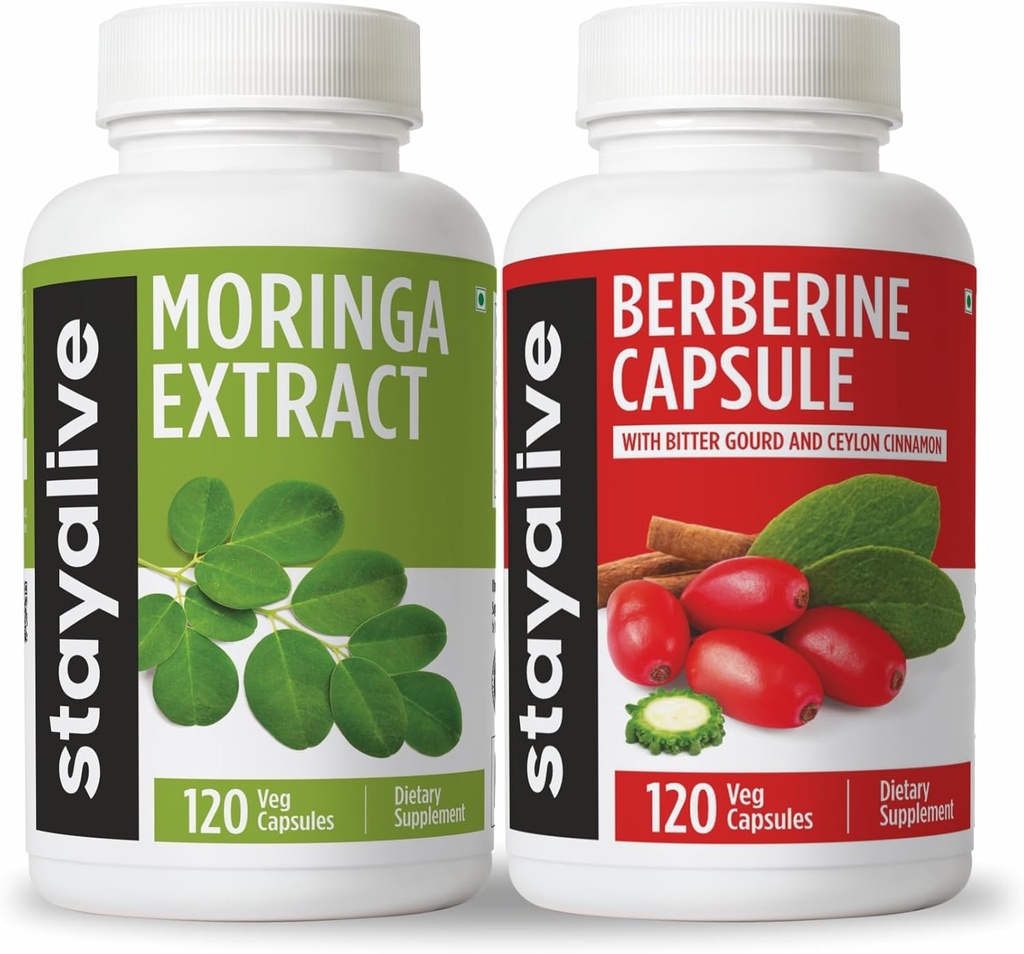 STAY ALIVE Moringa and Berberine Bundle with Ceylon Cinnamon and Bitter Gourd Extract, 240 Pills Vegan, Non-GMO & Gluten Free Berberine HCL Supplement