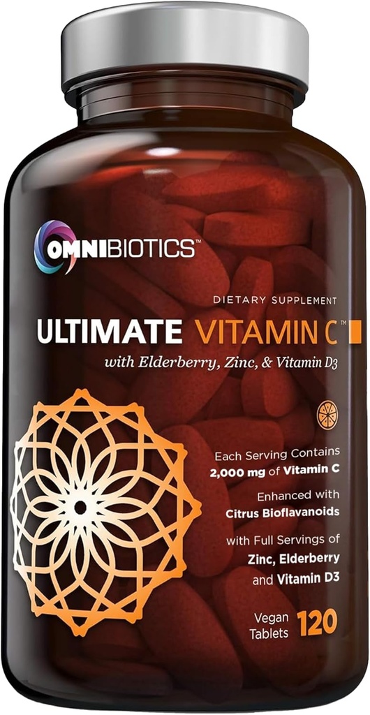 OmniBiotics Ultimate Vitamin C Supplement 2000mg – with Zinc, Elderberry Extract, and D3 – High Potency Immune Support & Collagen Booster – 120 Vegan Tablets