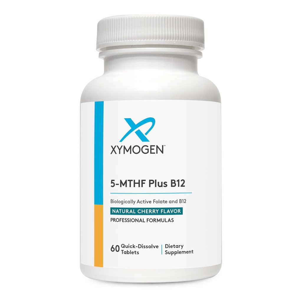 XYMOGEN 5-MTHF Plus B12 - Folato biológicamente activo + Metil B12 (Metilcobalamina) para apoyar la salud del sistema de metilación y Nervous - sabor de cereza de gran tamaño (60 Tabletas de resolución rápida)