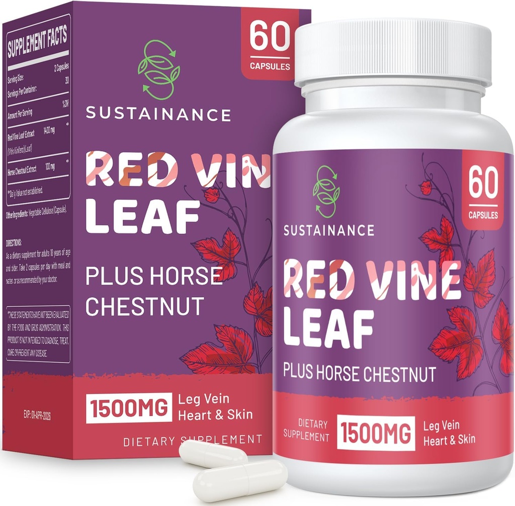 Red Vine Leaf Extracto 1400mg &amp; Caballo Chestnut Extracto 100mg Suplemento Dieta para Leg, Veinte, Circulación, Corazón, Piel (60 cápsulas)