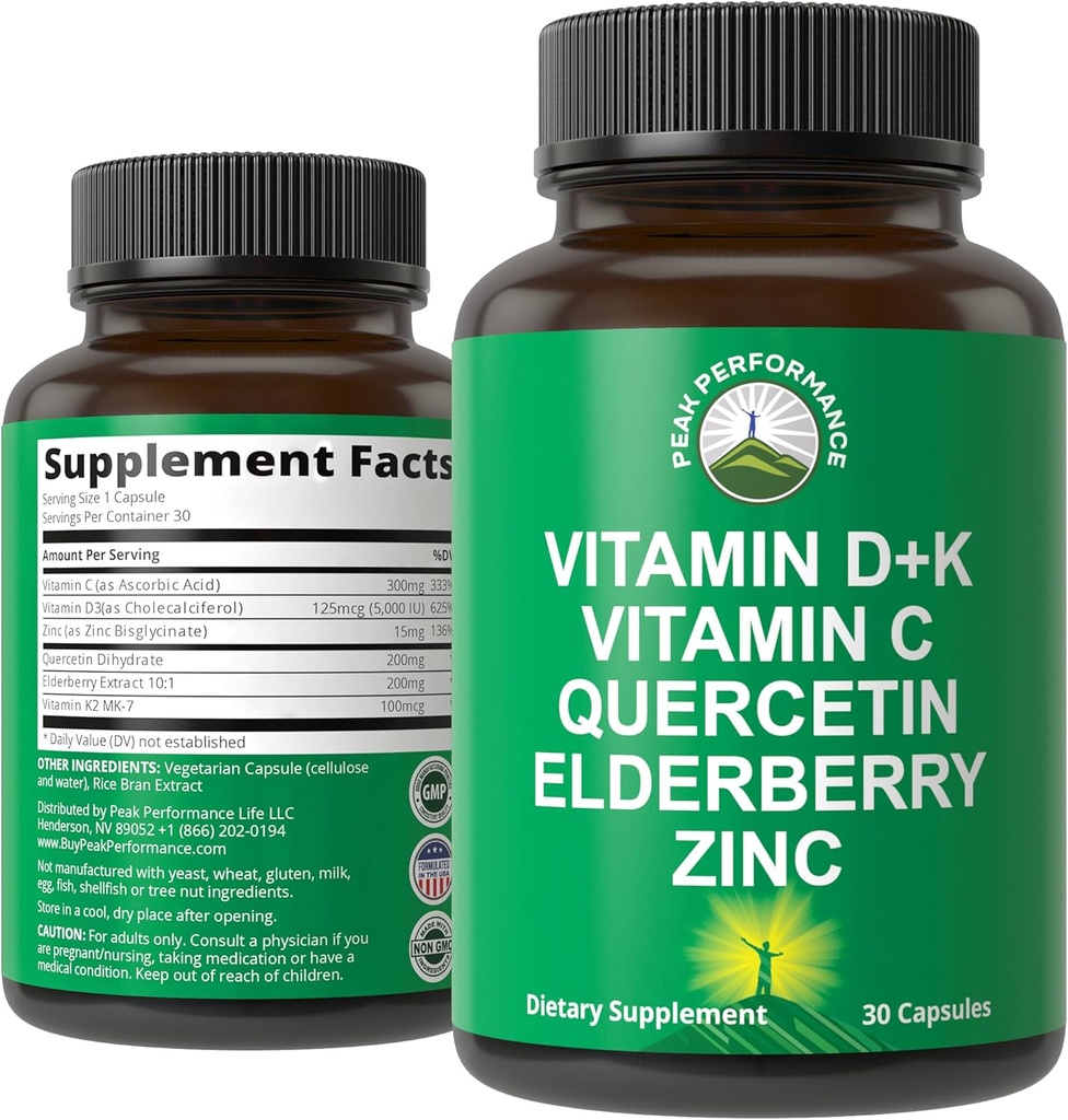 Suplemento de Apoyo Inmunitario con 6 Ingredientes Top. Vitamina D3 K2 + Vitamina C + Elderberry + Zinc + Quercetina. Incluye 5000 UI Vitamina D. Zinc 15mg. Cápsulas de inmunidad. Suplementos para Mujeres y Hombres