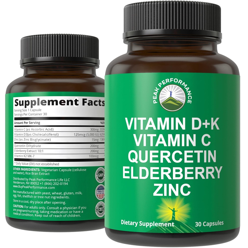 Suplemento de Apoyo Inmunitario con 6 Ingredientes Top. Vitamina D3 K2 + Vitamina C + Elderberry + Zinc + Quercetina. Incluye 5000 UI Vitamina D. Zinc 15mg. Cápsulas de inmunidad. Suplementos para Mujeres y Hombres