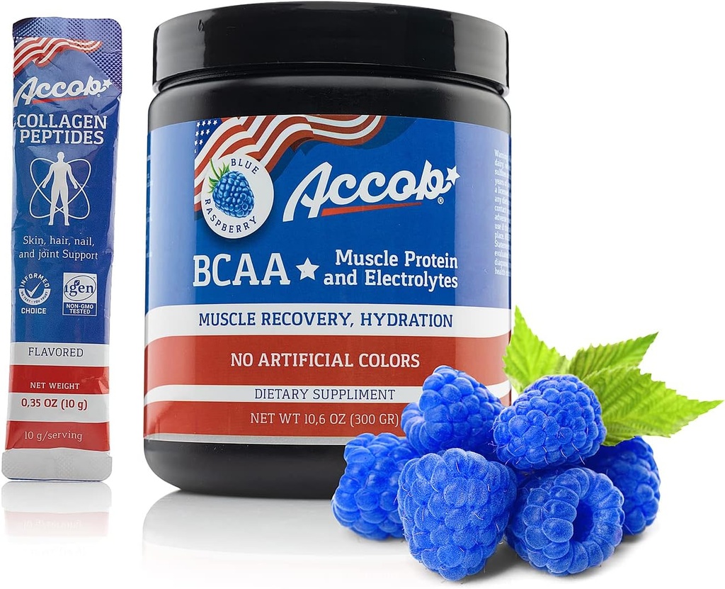 BCAA Powder Blue Raspberry-Pre o Post Workout,Muscle Recovery Drink with Amino Acids + Electrolytes,7,2g BCCAs for Men and Women-30 Servings +10g of Collagen Peptides