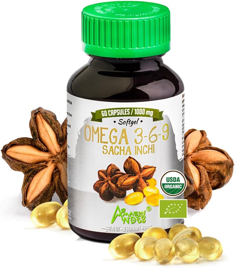 Andes Sacha Inchi Capsules (Plukenetia volubilis) - Fuente de Omega 3, 6, 9 con ácidos grasos esenciales - sin olor &amp; fuente sostenible - Soporte de función cerebral - 60 pastillas Softgel (1000mg)