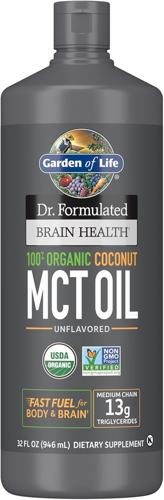Garden of Life Dr. Formulated Brain Health 100% Organic Coconut MCT Oil 32 fl oz Unflavored, 13g MCT, Body & Brain Fuel, Certified Non-GMO Vegan &amp; Gluten Free, Hexane-Free