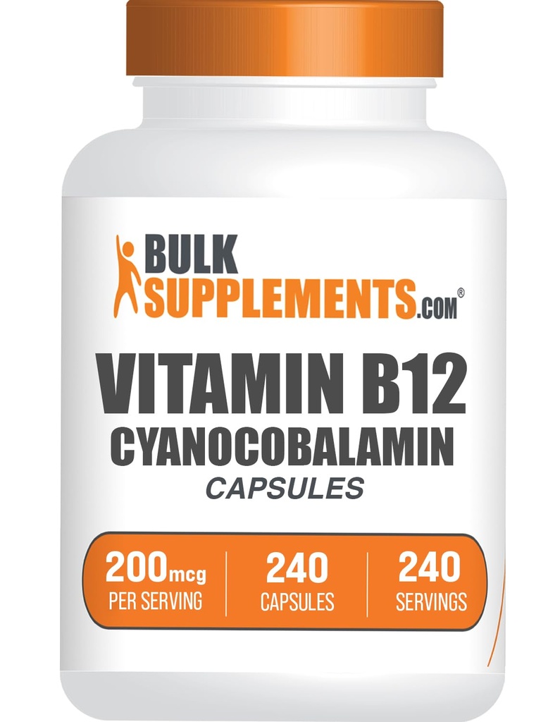 BulkSupplements.com Vitamina B12 Cápsulas - como Cianocobalamina, Vitamina B Suplemento, Vitamina B12 200 mcg - Vitaminas energéticas, Gluten Gratis, 1 Cápsula por Serving, 240 Cápsulas (Pack of 1)