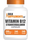BulkSupplements.com Vitamina B12 Cápsulas - como Cianocobalamina, Vitamina B Suplemento, Vitamina B12 200 mcg - Vitaminas energéticas, Gluten Gratis, 1 Cápsula por Serving, 240 Cápsulas (Pack of 1)