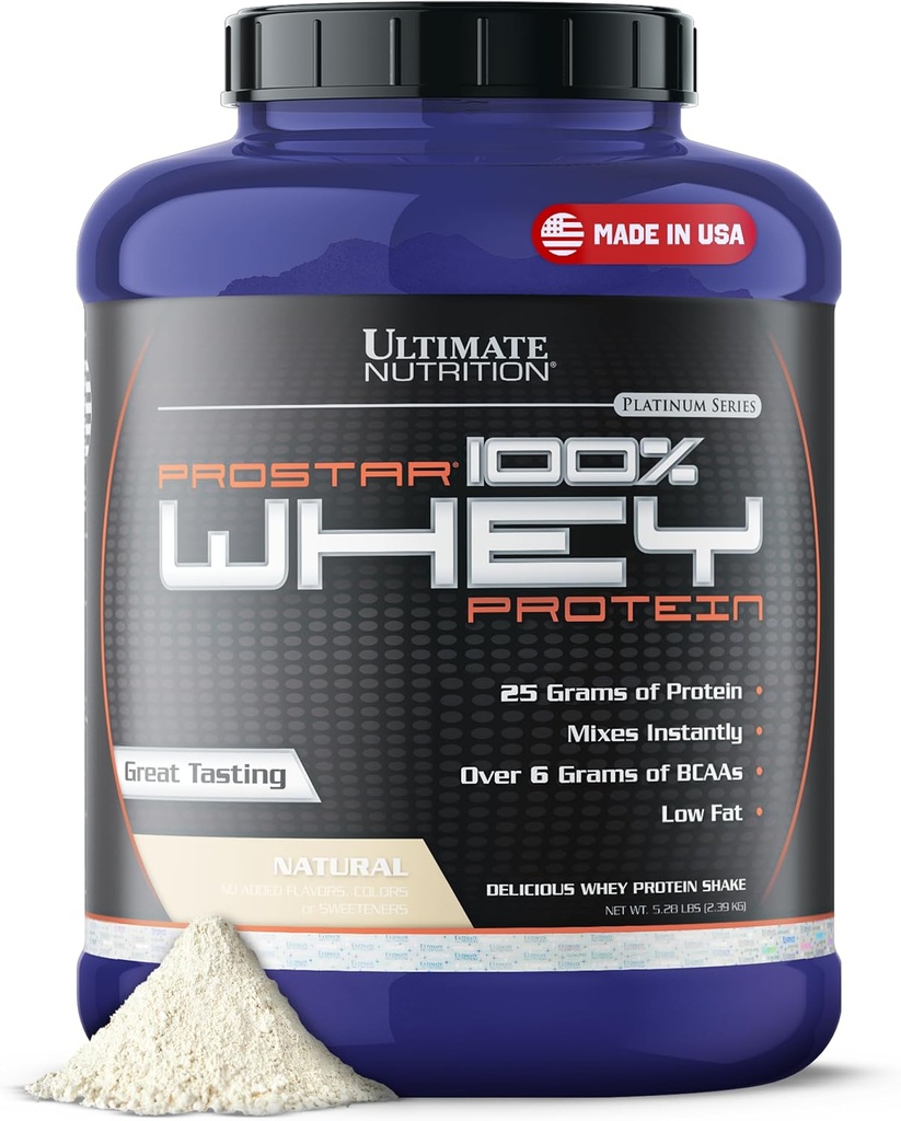 Ultimate Nutrition Prostar Whey Protein Powder Isolate, Natural - Low Carb, High Protein Powder Shake for Muscle Gain & Recuperación - Bajo Sodium, Low-Fat & Keto Friendly - 5.28 lbs Tubs