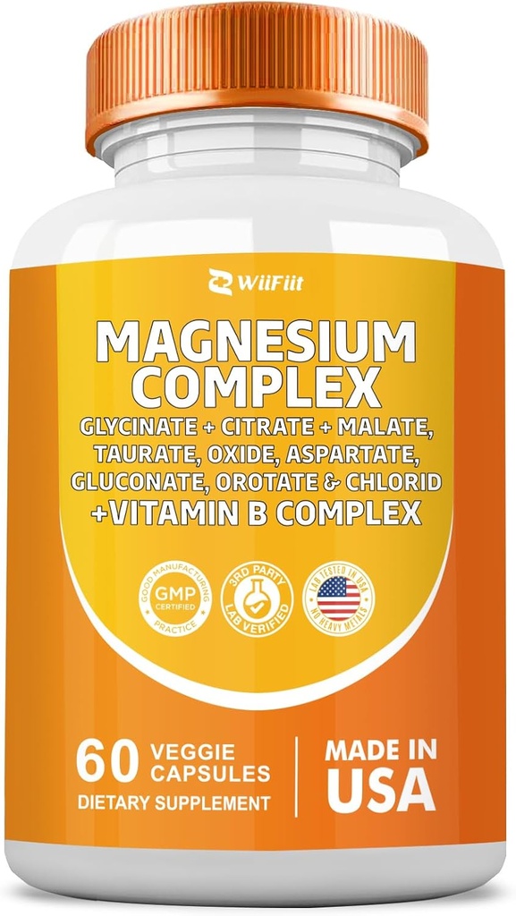 Suplemento Complejo de Magnesio, Clycinate 141mg Oxide 228mg Malate 58.5mg Citrato 62.4mg con Orotate Glycina Taurate Cloruro Aspartato Vitamina B, Suplementos Minerales 60 cápsulas