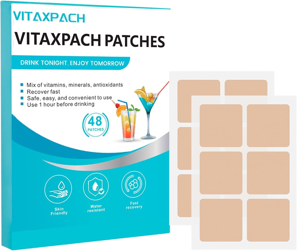 Patches de recuperación de fiestas - 48 Pack, 100% Ingredientes naturales - Wake Up Refreshed for a Better Morning, Individualmente Wrapped, Skin-Friendly & Waterproof - Apply Before Drinking