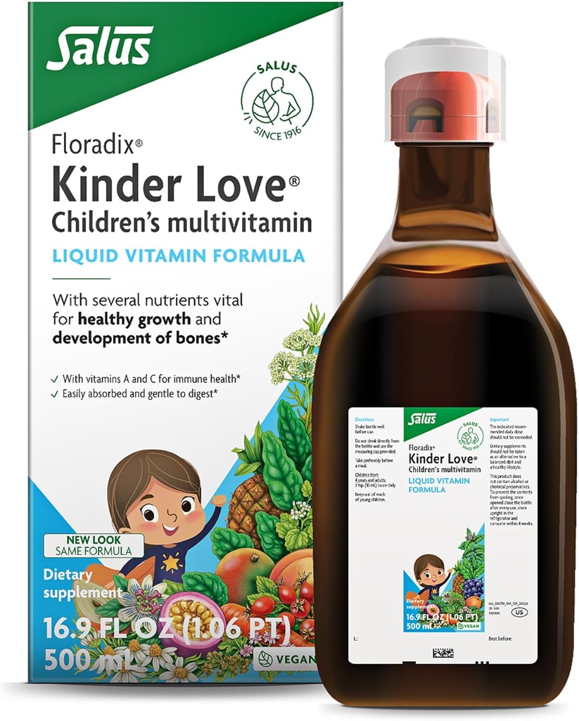 Floradix Kinder Love Children's Multivitamin - Herbal Supplement - Liquid Multivitamin for Kids - Vitaminas A, C, D &amp; E, Calcium &amp; Más - Vegetariano, No GMO, Libre de gluten - 16.9 fl oz