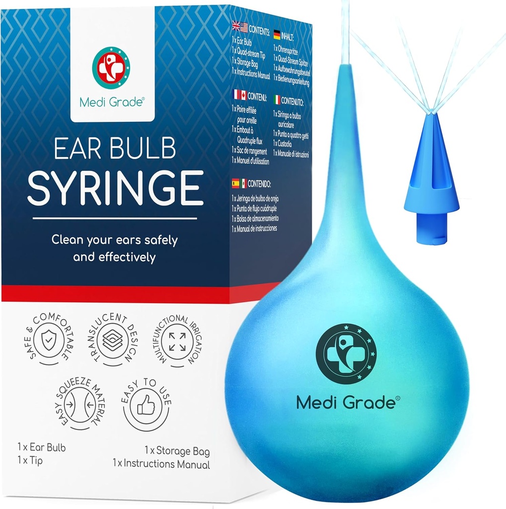 Medi Grade Ear Bulb Syringe - Herramienta eficaz de eliminación de cera de oído con punta de cuádruple adicional - kit de limpieza de oídos amigable para la limpieza del oído suave - Flusher de oído para la cera de oído - 2.54 fl oz