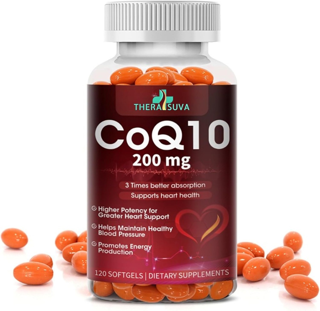 High-Absorption CoQ10 200 mg – Softgeles sin gluten para el corazón, resistencia y apoyo cerebral - suministro de 60 días, 120 cuenta