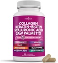 NUEVA Láminas de colágeno de AGE Biotin Keratin Saw Palmetto Ácido Hialurónico - Piel de pelo y uñas Vitaminas y Bloqueador DHT con vitamina E Folic Acid Pumpkin Seed MSM- 90 Conde