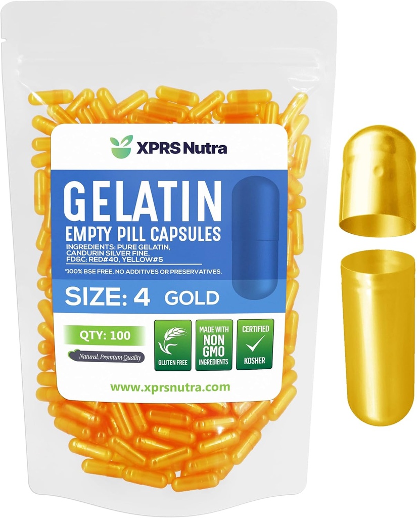 XPRS Nutra Size 4 Empty Capsules - 100 Cuentas Pequeños Empty Gelatin Capsules - Pills DIY Capsule Filling - Fillable Pure Bovine Pill Gel Caps for Do-It-Yourself Supplements (Gold)