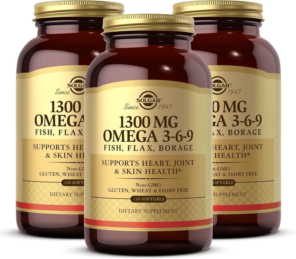 Solgar 1300 mg Omega 3-6-9, 120 Softgels (Pack of 3) - Fish Oil Supplement - Support for Joint & Skin Health - Incluye Flaxseed & Borage - Contiene EPA & DHA Omega 3 Ácidos grasos - 120 Total Servings