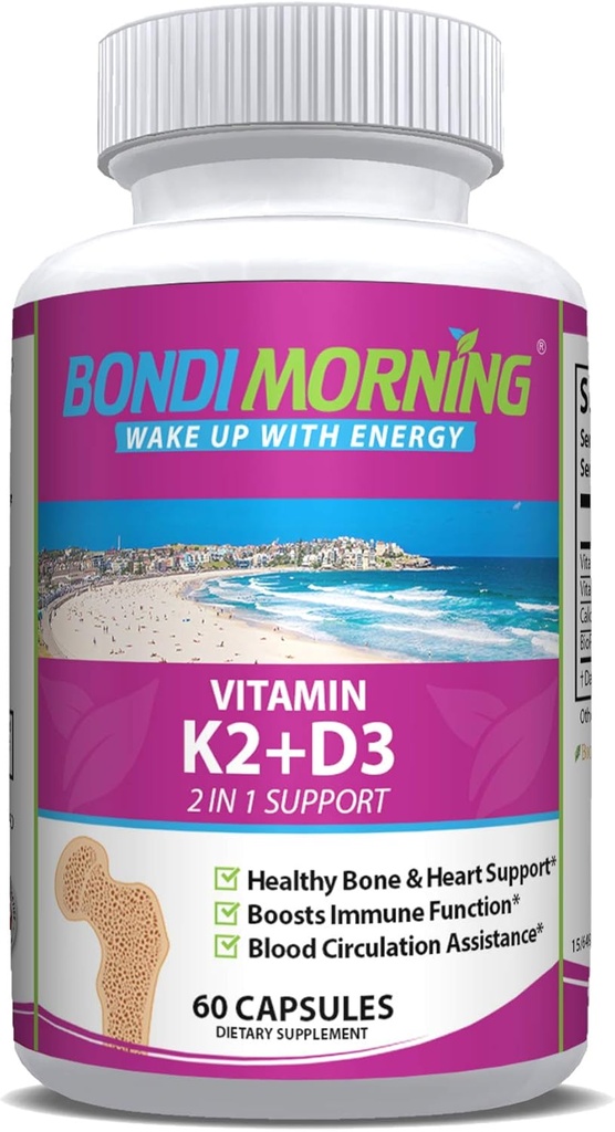 Vitamina K2 + D3 Suplemento de Bone & Heart Health - High Potency 5000IU Vitamina D3 &amp; 100mg Vitamina K2 (MK7) cápsulas para absorción óptima de calcio - 60 cápsulas veganos
